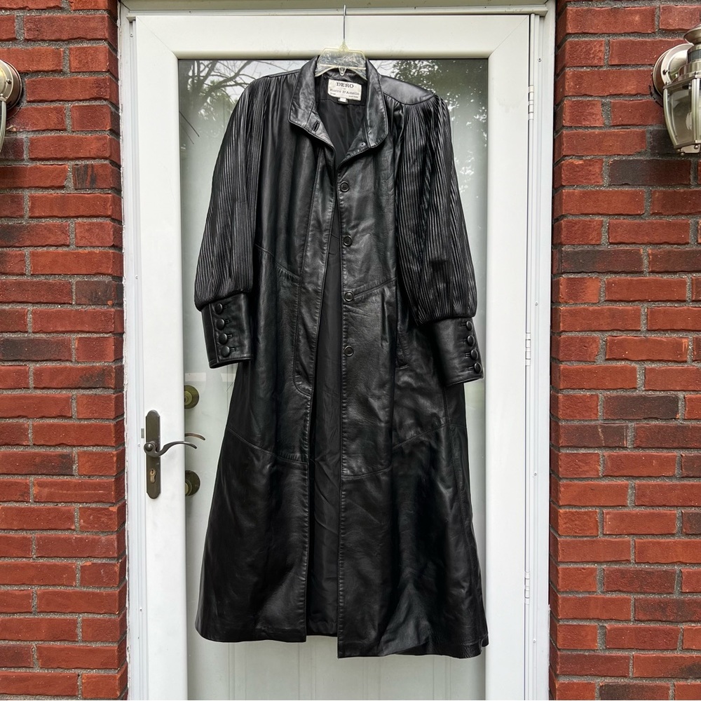 Dero by Rocco D’Amelio 80’s Pleated Balloon Sleeve Black Leather Trench Coat S